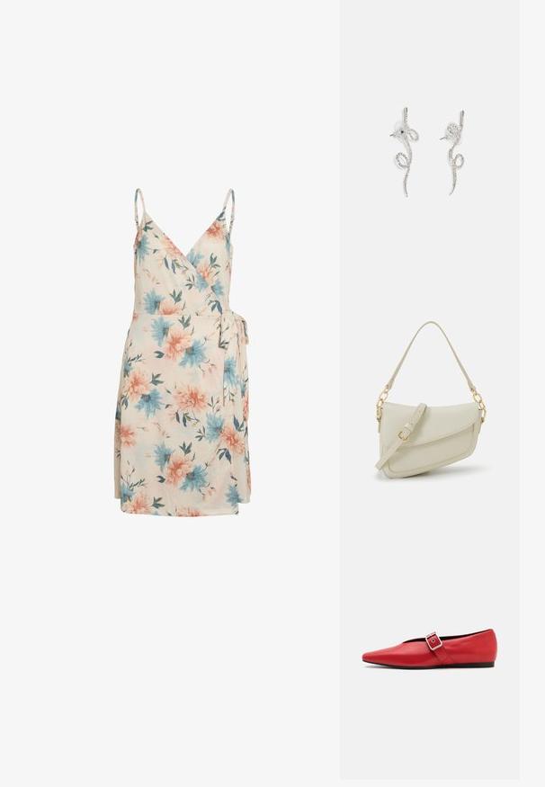Vestido envolvente floral em creme, com flores azuis e rosas, alças ajustáveis e um laço lateral. Tecido suave com um design fluido e leve.; Sandalha plana vermelha de couro com bico apontado, apresentando uma tira lateral com uma fivela de metal e um salto preto baixo. Textura lisa em toda a extensão.; Pequena bolsa de creme com um acabamento texturizado, uma alça longa ajustável, um detalhe em corrente e um fecho de aba. Detalhes em hardware dourado.; Design de brincos torcidos em prata com curvas delicadas, apresentando pequenas pedras de strass transparentes ao longo da superfície. Fecho tipo studs para um uso seguro.
