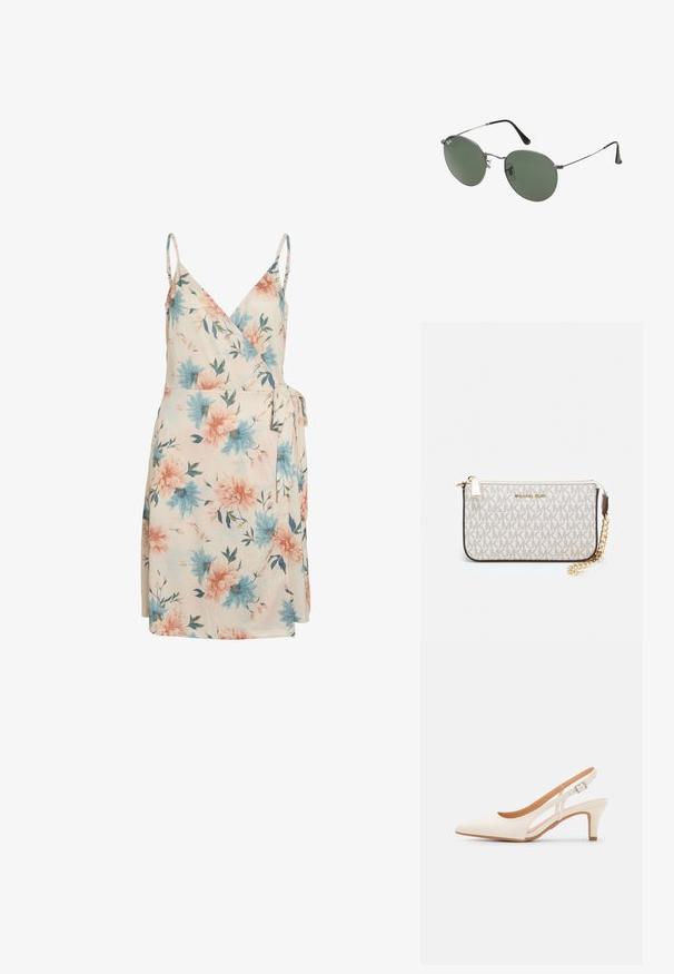 Gėlėta suknelė kremine spalva, su mėlynomis ir rožinėmis gėlėmis, reguliuojamomis petnešėlėmis ir šone surišimu. Minkšta medžiaga su lengvu ir plazdančiu dizainu.; Balti slingback kulniukai su smailiu pirštu, lygia viršutine medžiaga, žemu blokuotu kulnu ir šoniniu išpjovimu su reguliuojamu sagtimi.; Metaliniai akiniai su ovaliais žaliais lęšiais. Plonas sidabro spalvos metalinis rėmas ir juodi ausų laikikliai. Minimalistinis dizainas, be matomų logotipų.; Michael Kors rankinė smėlio spalvos dengto kanvoje su pakartotiniu MK logotipo raštu, auksinėmis detalėmis ir nuimamu grandininiu dirželiu.