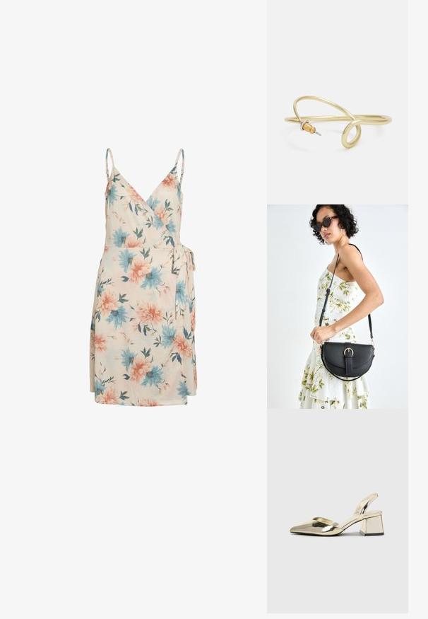 Cvečni ovitek obleke v kremni barvi, okrašen z modrimi in roza cvetovi, z nastavljivimi naramnicami in stranskim pasom. Mehka tkanina z lahkotno, tekočo zasnovo.; Zlati, kovinski slingback čeveljci z ostrim nosom in masivnim peto. Gladka tekstura, minimalistična zasnova in ozka zanka.; Črna usnjena torbica s ukrivljeno obliko, z odstranljivo naramnico in zlatimi dodatki. Torbica ima pokrov s podrobnostmi v obliki zaponke.; Zlato obarvan kovinski zapestnica s tekočim, ukrivljenim dizajnom. Ima majhen, izstopajoč srebrn poudarek na enem koncu.