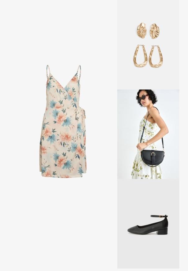 Cvečni ovitek obleke v kremni barvi, okrašen z modrimi in roza cvetovi, z nastavljivimi naramnicami in stranskim pasom. Mehka tkanina z lahkotno, tekočo zasnovo.; Črne usnjene pumpice z nazobčanimi prsti in nizko blokasto peto. Imajo trak okoli gležnja z zaponko v zlatem tonu. Gladka tekstura.; Črna usnjena torbica s ukrivljeno obliko, z odstranljivo naramnico in zlatimi dodatki. Torbica ima pokrov s podrobnostmi v obliki zaponke.; Zlato obarvani uhani z teksturiranimi, valovitimi oblikami. Vključujejo skulpturalne sponke za ušesa in odprto obliko obročka s kladivastim finišem.