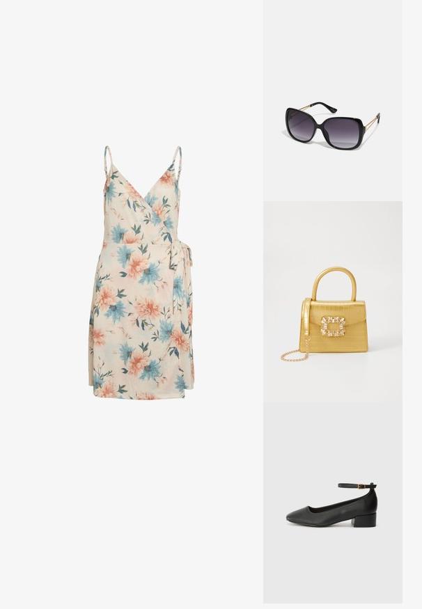 Gėlėta suknelė kremine spalva, su mėlynomis ir rožinėmis gėlėmis, reguliuojamomis petnešėlėmis ir šone surišimu. Minkšta medžiaga su lengvu ir plazdančiu dizainu.; Juodas odinis aukštakulnis batelis su smailiu pirštu ir žemu bloku. Su kulkšnies dirželiu su auksinės spalvos sagtimi. Lygus paviršius.; Juodos didelės saulės akinių su pereinamais objektyvais, storomis rėmeliais ir auksinės spalvos grandinėmis ant šventyklų.; Geltonas dirbtinės krokodilo odos rankinukas su standžiu dizainu, viršutine rankena, nuimamu grandininiu dirželiu ir dekoratyviniu krištolo papuošimu ant užsegimo.