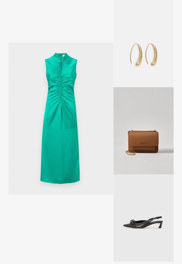 Šatové šaty bez rukávů v barvě teálu z saténu, s výstřihem ve tvaru klíčové dírky, na hrudníku a uprostřed s nařasením, vybavené zipem na zadní straně a rovný lem.; Černé kožené sandály s úzkou špičkou, malým podpatkem a dekorativní sponou na nártu. Hladký povrch, minimalistický design.; Hnědá texturovaná kožená kabelka přes rameno se zlatým řetízkovým popruhem a klopnovým uzavíráním. Přední strana obsahuje detail loga a kapsu pod klopou.; Náušnice ve tvaru kruhu z pozlaceného kovu s vroubkovaným, prodlouženým tvarem. Mají hladký, lesklý povrch a zaoblený konec pro zvýraznění detailu.