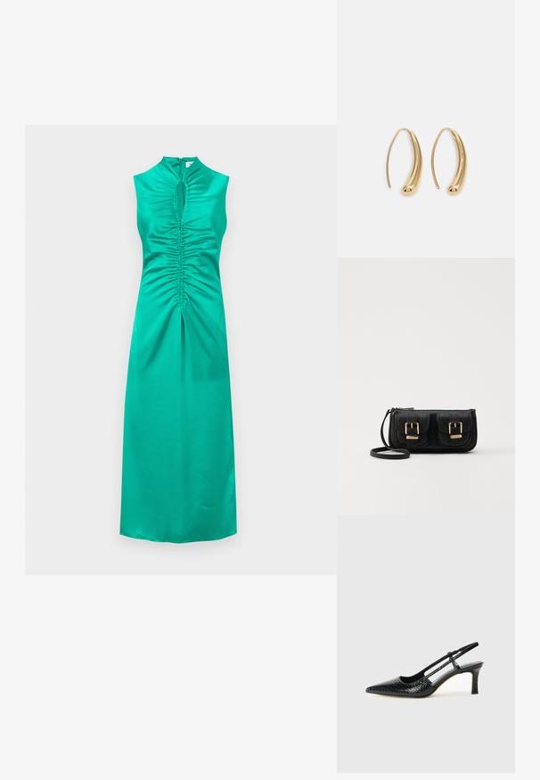 Suknja brez rokavov iz teal satena s poudarjenimi gubami na prsi in centru, z zadrgo na hrbtu in ravnim robom.; Črne lakaste slingback pete s koničastim nosom, ki imajo teksturiran vzorec kačje kože, nastavljiv trak in kratek teksturiran blok peto.; Črna usnjena torbica čez ramo z dvema sprednjima žepoma, zlatimi zaponkami, zadrgo in ozkim pasom. Tekstura površine je strukturirana, obliko pa ima kompaktno pravokotno.; Zlato-tonirani kovinski uhani v obliki obroča s krivuljo in podolgovato obliko. Imajo gladko, sijočo površino in zaobljen vrh za dodaten detajl.