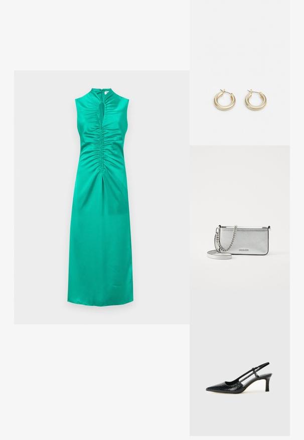 Ärmelloses teal-farbenes Satin-Kleid mit Cut-out-Ausschnitt und gerafften Details an der Brust und der Mitte, ausgestattet mit einem Reißverschluss im Rücken und einem geraden Saum.; Schwarze Lack-Slingback-Pumps mit spitzem Zehenbereich, versehen mit strukturiertem Schlangenprint, verstellbarem Riemen und einem kurzen, strukturierten Blockabsatz.; Silberne Leder-Crossbody-Tasche mit strukturiertem Finish, Ketten- und Riemenakzenten sowie einem Reißverschluss. Auf der Vorderseite befindet sich ein Logo.; Lauren Ralph Lauren BASIC SMALL HOOP - Ohrringe - gold-coloured