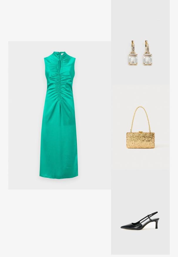 Ärmelloses teal-farbenes Satin-Kleid mit Cut-out-Ausschnitt und gerafften Details an der Brust und der Mitte, ausgestattet mit einem Reißverschluss im Rücken und einem geraden Saum.; Schwarze Lack-Slingback-Pumps mit spitzem Zehenbereich, versehen mit strukturiertem Schlangenprint, verstellbarem Riemen und einem kurzen, strukturierten Blockabsatz.; Goldene Pailletten-Clutch mit rechteckiger Form, ausgestattet mit einem gedrehten Kettenhenkel und einem Metallverschluss, der das Licht mit einer strukturierten Oberfläche reflektiert.; Ohrringe in Goldfarbe mit einem rechteckigen, durchsichtigen Kristall, der unter einer Reihe kleiner, runder klarer Akzente hängt. Elegantes, modernes Design.