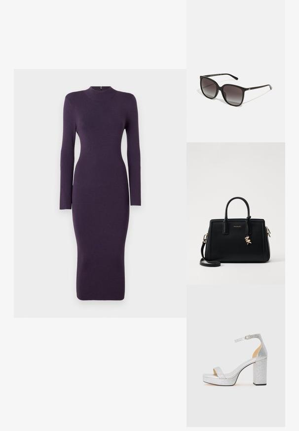Robe en tricot violette à manches longues avec un col haut, silhouette ajustée et ourlet au niveau du genou. Texture douce, avec un minimum de détails.; Sandale à talon haut en argent pailleté avec un large talon carré, bout ouvert et bride au niveau de la cheville réglable. Intérieur lisse et extérieur texturé.; Lunettes de soleil rectangulaires noires avec verres dégradés, monture en plastique et accent logo métallique sur la branche. Design classique avec texture lisse.; Sac à main en cuir noir avec un design structuré, deux poignées supérieures, une bandoulière amovible, des accessoires en or et un pendentif avec le logo.