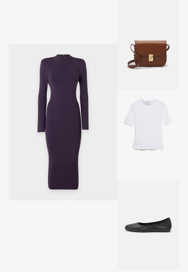 Pikad varrukad, lillade põimitud kangast kleit kõrge kaelusega, keha ümber moodustav siluett ja põlvepikkune ääreosa. Pehme tekstuur, minimaalne detailide hulk.; Valge lühikeste varrukatega T-särk ribatud kangast. Ümara kaelusega, tavalisest sobivusest ja peente õmbluse detailidega. Ilma mustrite või graafikateta.; Musthave mustika tantsutossud mustast nahast, ümmarguse varbaga, siledast tekstuurist, minimaalse õmblusdetailiga ja paindliku tallakujundusega.; Pruunist nahast käekott, millel on klapiga sulgur, kuldne riistvara, õlarihm ja sile tekstuur. Kompaktne ristkülikukujuline vorm.