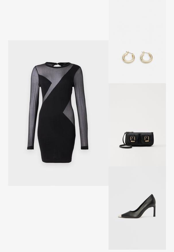 Melnas kleitas, kurai ir garas, caurspīdīgas piedurknes, noapaļots kakla izgriezums un ģeometrisks raksts ar gaišām un tumšām auduma daļām.; Melns ādas augstpapēžu kurpes ar smailu purngalu un metāliski sudraba uzgali. Ir gluda apdare un slaids 10 cm augsts papēdis.; Melnas ādas crossbody soma ar divām priekšējām kabatām, zelta sprādzēm, ar rāvējslēdzēju aizdari un šauru siksnu. Strukturēta virsma un kompakta taisnstūra forma.; Lauren Ralph Lauren BASIC SMALL HOOP - Auskari - gold-coloured