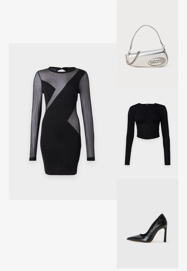 Čierne šaty s dlhými priesvitnými rukávmi, okrúhlym výstrihom a geometrickým vzorom pozostávajúcim z svetlých a tmavých častí látky.; Čierny dlhý rukáv elastický crop top z textúrovanej látky, s priliehavým strihom a zhrnutím v oblasti poprsia.; Čierna lodička s špicatou špičkou a lakovanou textúrou krokodíla, s elegantným dizajnom, vysokým stiletto podpätkom a hladkým čiernym interiérom.; Strieborná metalická kabelka s okrúhlo trojuholníkovým tvarom, s logom, reťazovým popruhom a hladkou textúrou. Zips na bočnej strane.