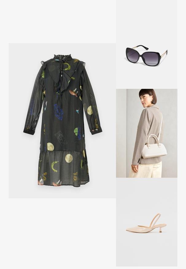 Fekete ruha fodros nyakkivágással, hosszan áttetsző ujjaival és réteges hemvéggel. Színes mintákkal díszített, amelyek holdakat, növényeket és absztrakt formákat ábrázolnak.; Bézs színű lakkbőr slingback magassarkú cipők hegyes orral és vékony, négyzetes sarkú dizájnnal. Simább textúra és minimalista stílus, díszítések nélkül.; Fekete, oversize napszemüveg fokozatos árnyalatú lencsékkel, vastag kerettel és arany színű lánc díszítéssel a szárakon.; Fehér, strukturált kézitáska rövid füllel és vállpánttal, arany színű fém kiegészítőkkel és texturált anyagból, szürke háttér előtt bemutatva.