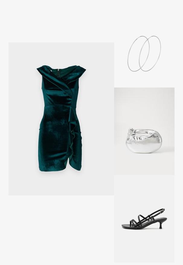 Sametine sinine kleit, millel on mähkides disain, ilma varrukateta, eespool asuva ebadünaamilise volandi detailiga ja peidetud seljakattega.; Mustad musta kandaga sandaalid, millel on mitmed risti minevad rihmad. Sile materjal, terav nina ja kitsas konts. Reguleeritav pahkluuri rihm klambriga.; Hõbedane metallikoti kott pehme, ümar kuju ja sõlme ülemise sulgemisega. Valmistatud siledast kunstnahast materjalist.; Hõbedased rõngastikkaehingad minimalistlikus disainis. Ümar kuju, sile tekstuur ja õhuke profiil. Kerged ning poleeritud viimistlusega.