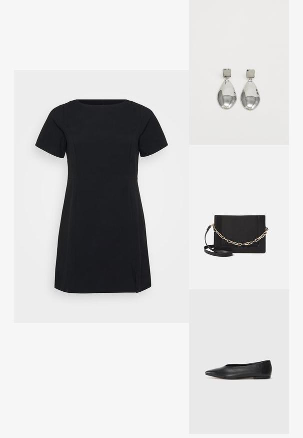 Kort svart klänning med korta ärmar, rund halsringning och sidoklyftor. Tillverkad av ett mjukt tyg med en figurnära design och minimala sömnadsdetaljer.; Svart läderballetflat, spetsig tå, minimalistisk design, slät textur, låg klack, ingen synlig hårdvara eller utsmyckningar.; Svart läder crossbody-väska med en slät yta, rektangulär form och metallickedjedetalj på framsidan. Justerbar rem ingår.; Silvriga droppörhängen med en kvadratisk stift, med en slät, polerad yta och en tårform, som reflekterar ljus med en glansig yta.