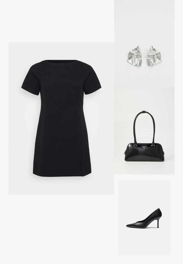 Īss melns kleita ar īsām piedurknēm, apaļu kakla izgriezumu un sānu šķēlumiem. Izgatavota no gludas auduma ar pieguļošu dizainu un minimālām šuvju detaļām.; Melnas ādas augstpapēžu kurpes ar norādītu purngalu un slaidu stiletto papēdi, ar gludu tekstūru un minimālistisku dizainu.; Melnā spīdīgā rokas soma ar izliekta siluetu, divām rokturiem un priekšējo logotipa plāksni. Ar rāvējslēdzēja aizdari un mirdzošiem aparatūras akcentiem.; Sudraba metāla auskari ar viļņainu, skulpturālu dizainu, kas izceļas ar pulētu apdari un neregulārām formām, uzsverot mūsdienīgu estētiku.