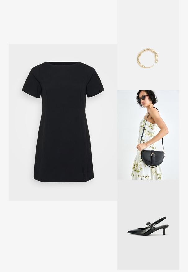 Kratka črna obleka s kratkimi rokavi, okroglo izrezom in stranskimi šivi. Narejena iz gladkega materiala, s prilegajočim se krojem in minimalnimi šivi.; Črne patent usnjene slingback pete s koničastim nosom in majhnim blok peto, ki vključujejo srebrno zaponko na traku.; Črna usnjena torbica s ukrivljeno obliko, z odstranljivo naramnico in zlatimi dodatki. Torbica ima pokrov s podrobnostmi v obliki zaponke.; Zlati prstan s organskim, zvitim dizajnom, gladko površino in taperiranimi konci, ki ustvarja modernega, skulpturalnega videza.
