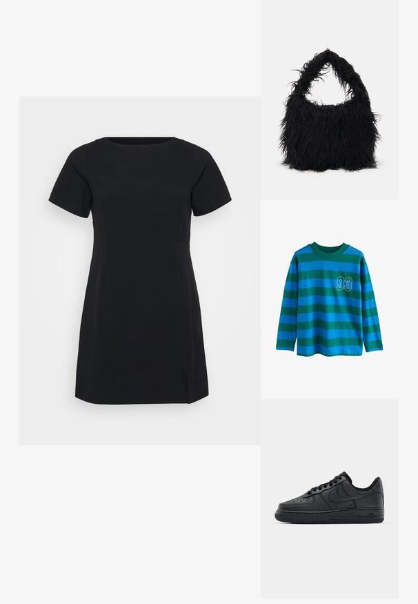 Krótka czarna sukienka z krótkimi rękawami, okrągłym dekoltem i bocznymi rozcięciami. Wykonana z gładkiego materiału, o dopasowanym kroju i minimalnej ilości szwów.; Koszula z długim rękawem w niebieskie i zielone poziome paski, z okrągłym dekoltem i żółto obramowanym numerem "93" na klatce piersiowej.; Czarne skórzane sneakersy z perforowanym przodem, płaskimi sznurówkami i gumową podeszwą. Posiadają małe logo po boku oraz teksturowane detale.; Even&Odd - Torba na zakupy