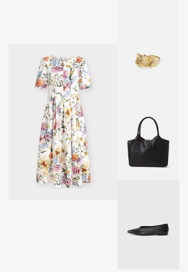 Floral print dress with short sleeves, a fitted bodice, and flared skirt. Features vibrant flowers in orange, pink, and blue on a white background.; Black leather ballet flat, pointed toe, minimalistic design, smooth texture, low-profile heel, no visible hardware or embellishments.; Black leather tote bag with smooth texture, structured shape, two handles, and a prominent silver buckle detail on the front.; Gold ring with textured, wavy design featuring three prominent peaks. Smooth, shiny surface with an open band for adjustable fit.