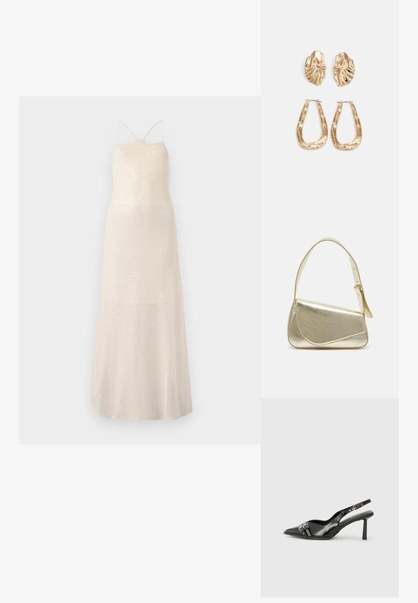 Dlhé krémové šaty s vyšívaným vzorom z flitrov, s tenkými ramienkami a priliehavým korzetom, ktorý prechádza do voľnej sukne, hladká textúra.; Čierne lakované kožené slingback topánky s špicatou špičkou, remienkami okolo členku s striebornými prackami a hardvérom, a štíhlým podpätkom.; Zlatá metalická kabelka so štruktúrovaným dizajnom, hladkou textúrou a nastaviteľným popruhom. Obsahuje jedinečný trojuholníkový tvar a minimalistické šitie.; Náušnice v zlatej farbe s textúrovanými, vlnitými tvarmi. Obsahujú sochárske klipsové náušnice a otvorený tvar krúžku s kladivkovým povrchom.