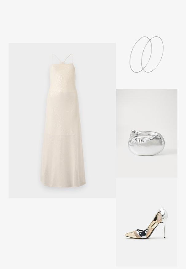 Garšīga krēmkrāsas kleita ar sekvīnu rakstu, plāniem siksniņām un pieguļošu piedurkni, kas pāriet brīvā svārkā, gluda tekstūra.; Apspīlēta augstpapēžu kurpe ar zeltītu, sudrabi un neitrālu krāsu kombināciju. Spīguļojoša virsma ar izgriezuma dizainu, aprīkota ar stiletto papēdi.; Sudraba metāliska poga somiņa ar mīkstu, noapaļotu formu un mezgla augšējo aizdari. Izgatavota no gludas mākslīgās ādas materiāla.; Sudraba gredzenveida auskari ar minimālistisku dizainu. Cirkulāra forma, gluda tekstūra un plāns profils. Vieglu svaru ar spīdīgu apdari.