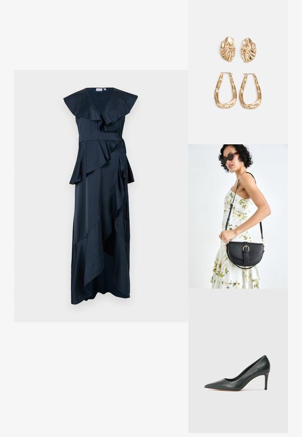 Rochie lungă navy dintr-un material neted, având volane stratificate, un decolteu adânc în V și un tiv asimetric pentru o siluetă fluidă.; Pantof de piele neagră cu vârf ascuțit și toc subțire tip stiletto, pe un fundal deschis.; Geantă din piele neagră, cu o formă curbată, curea detașabilă și accesorii aurii. Geanta are un capac cu un detaliu tip cataramă.; Cercei aurii cu forme texturate și ondulate. Include studs sculpturale cu clip și un design de cerc deschis cu un finisaj cioplit.