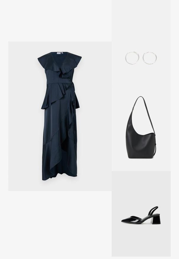 Rochie lungă navy dintr-un material neted, având volane stratificate, un decolteu adânc în V și un tiv asimetric pentru o siluetă fluidă.; Pantofi cu toc slingback din piele lacuită neagră, cu vârf ascuțit și toc geometric. Prezintă un design elegant, minimalist și o textură netedă.; Geantă hobo din piele neagră, cu o textură netedă, formă curbată și un singur bretele ajustabil; are o deschidere largă în partea de sus.; Cercei din argint cu un design elegant și rotund, având o suprafață netedă și fără embellismente vizibile. Diametrul nu este specificat.