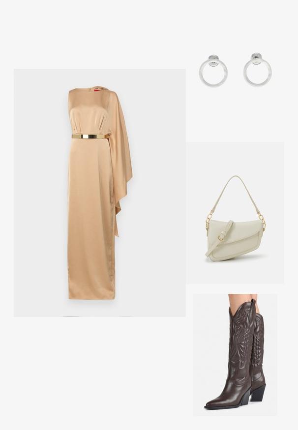Halston RHIANNON GOWN - Abiti per occasioni speciali - tan beige; Stivali da cowboy in pelle marrone con punta affusolata e tacco a blocco, caratterizzati da dettagliati ricami e accenti rialzati sul gambale.; Piccola borsa a tracolla crema con finitura testurizzata, una lunga tracolla regolabile, un accento a catena e chiusura a patta. Dettagli in hardware dorato.; Orecchini a cerchio in metallo argento con finitura spazzolata, caratterizzati da un design circolare e un gancio trasparente sul retro per una vestibilità sicura.