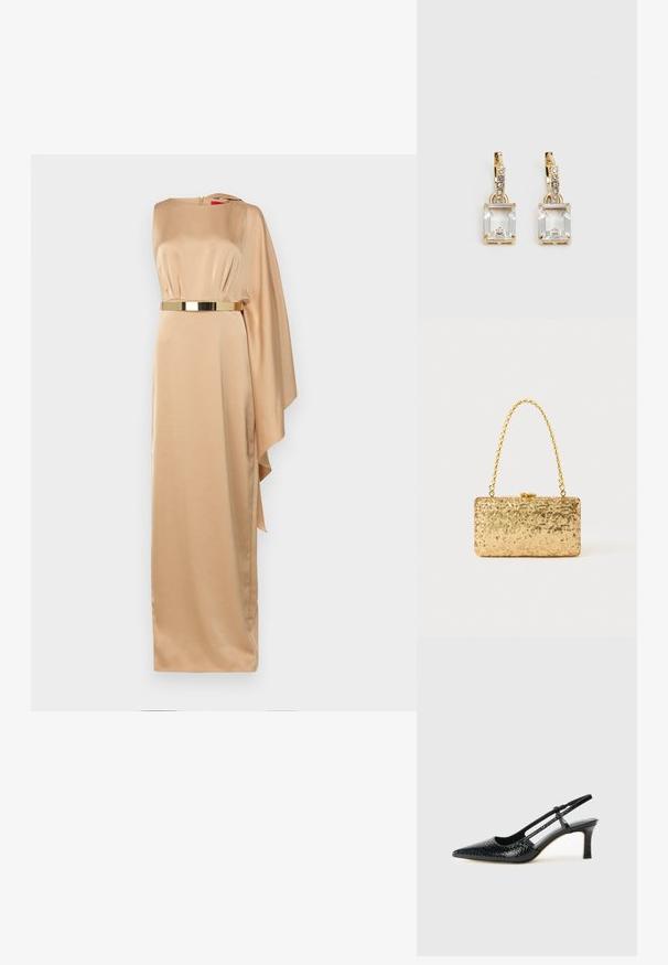 Halston RHIANNON GOWN - Îmbrăcăminte de ocazie - tan beige; Pantofi cu toc slingback negri din patent, cu vârf ascuțit, cu imprimeu de șarpe texturat, curea ajustabilă și toc scurt texturat.; Clutch din paiete aurii, cu o formă rectangulară, având un mâner din lanț croit și o închidere cu clapetă metalică, reflectând lumina cu un finisaj texturat.; Cercei aurii care prezintă un cristal clar, rectangular, suspendat sub un rând de accente mici, rotunde, clare. Design elegant și modern.