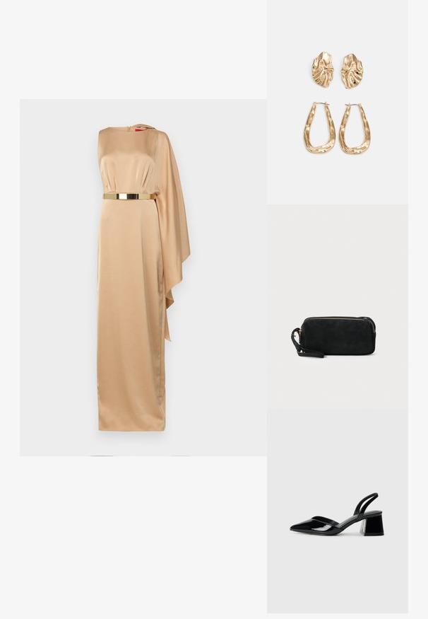 Halston RHIANNON GOWN - Apģērbs svinīgiem gadījumiem - tan beige; Melna lakota āda ar atvērto papēdi, ar smailu purngalu un ģeometrisku blokpapēdi. Iezīmējas elegants, minimāls dizains un gluda tekstūra.; Melnas zamšādas gēlu somiņa ar rāvējslēdzēju un noņemamu plaukstas siksniņu. Ar zelta tonis aparatūru un gludu, matētu tekstūru.; Zelta krāsas auskari ar teksturētām, viļņotām formām. Iekļauts skulpturāls piespraužams modelis un atvērta gredzenveida konstrukcija ar izsistām virsmām.
