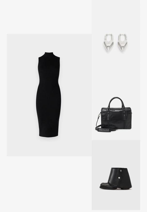 Fekete, bordázott kötésű, ujjatlan ruha magas nyakkal és testhez simuló siluettel, mely a vádli közepéig ér. Sima felület, minimalista dizájn.; Fekete bokacsizmák egyedi aszimmetrikus dizájnnal, sima bőrből készült, két ezüst színű patenttal és kerek orral.; Fekete bőrtáska dupla cipzárral, strukturált dizájnnal és felső fogantyúkkal. Tartalmaz egy levehető pántot "VOLTAIRE" felirattal.; Ezüst szív alakú lakatok, amelyeken vésett "IGEN" és "NEM" feliratok találhatók, polírozott felület, szimmetrikus kialakítás és robusztus fémcsat.