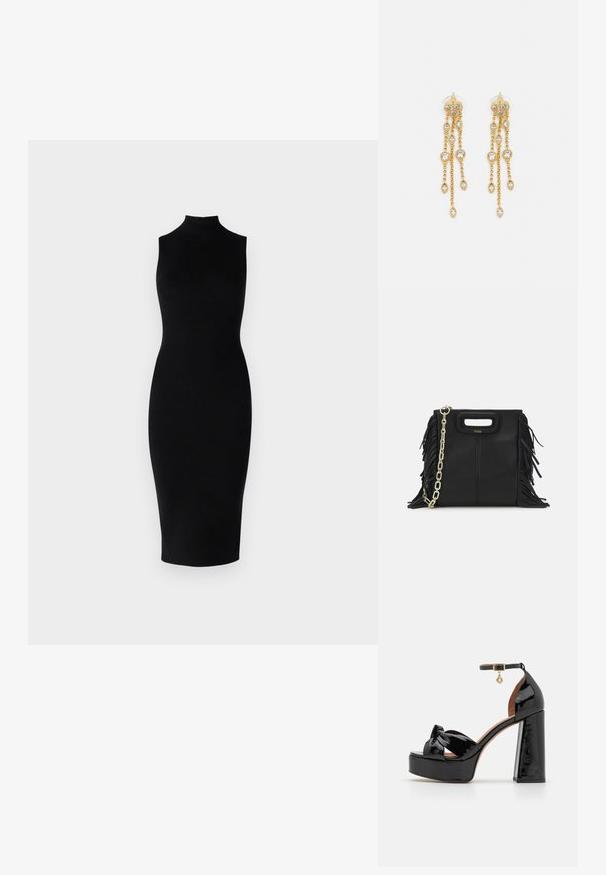 Fekete, bordázott kötésű, ujjatlan ruha magas nyakkal és testhez simuló siluettel, mely a vádli közepéig ér. Sima felület, minimalista dizájn.; Maje Magas sarkú szandálok - noir; Fekete bőr kézitáska, frufrus részletekkel, arany láncos vállpánttal és kivágott fogantyúval. Az elülső részen logó található.; Aranyszínű fülbevalók, több zuhanó lánccal, tiszta ovális strasszköves díszítéssel és dekoratív fülbevaló tetejével.