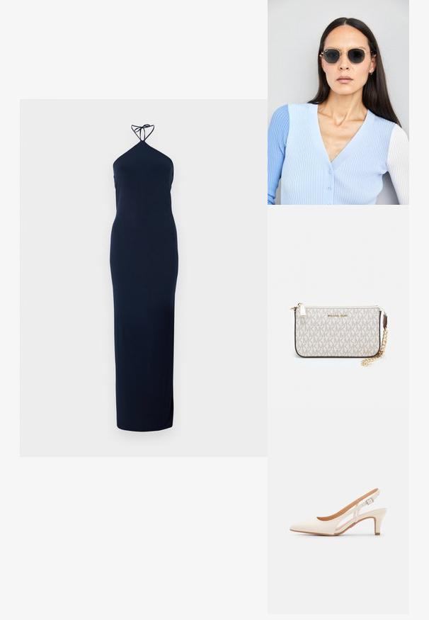 Rochie albastru marin cu decolteu halter, design mulat, lungime până la podea, realizată dintr-un material neted, având un șnur subțire la gât și detalii cu fante pe lateral.; Sandaie cu toc alb, cu vârful ascuțit, material superior neted, toc mic tip bloc și design cu decupaj lateral, cu curea ajustabilă.; Ochelari de soare rotunzi cu lentile întunecate și rame aurii. Modelul poartă un cardigan ribbed de culoare albastru deschis cu nasturi și mâneci albe în contrast.; Clutch Michael Kors din canva acoperit bej, cu un model repetitiv al logo-ului MK, accesorii din aur și o curea cu lanț detașabil.