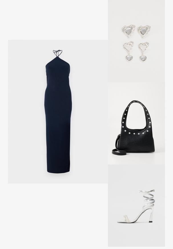 Jūros mėlynos spalvos kaklo juostos suknelė, prigludusi forma, ilga iki žemės, pagaminta iš lygios medžiagos, su plona juostele ant kaklo ir šonine iškirpte.; Sidabrinė aukšto kulno sandalai su blizgiu diržo dizainu, featuring perlo panašus akcentas ir spiralinė kulkšnies dirželis saugiam prisitaikymui.; Juodas tekstūruotas odinis rankinukas su sidabriniais deimantais viršutiniame krašte ir ant rankenų, turintis trumpą rankeną ir nuimamą diržą.; Sidabrinės širdelės formos auskarai puošti facetuotais skaidriais akmenimis, su tekstūruotu rėmu. Rinkinį sudaro tiek auskarai-stud, tiek kabančios formos.