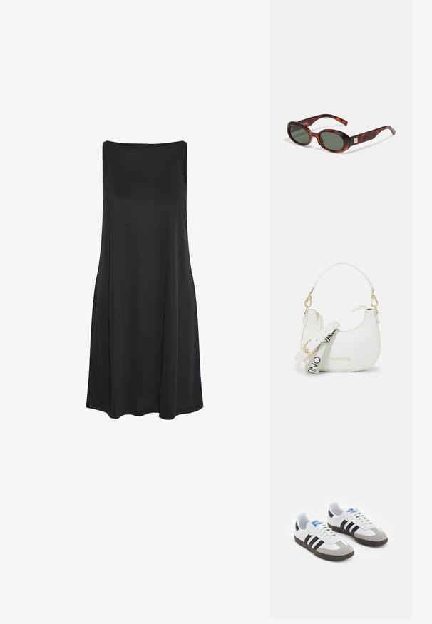 Melnas bezplecu kleitas, kas izgatavota no gluda auduma ar brīvu piegriezumu, ar taisnu dekoltē un noapaļotu apakšu. Nav rakstu vai akcentu.; Sporta apavi ar balto ādas virsu, pelēku zamšādas purngalu un trim melnām svītrām. Iezīmē zilu logotipu uz mēles un teksturētu gumijas zoli.; Bruņurupuča čaulas saulesbrilles ar tumšiem lēcām, ovāla forma un plašām kājām. Izceļas ar mazu zelta akcentu sānos. Gluda plastmasas materiāls.; Balta soma ar izliekumu, teksturētu ādu, zelta aksesuāriem un atvienojamu siksnu ar logotipu un sprādzes detaļām.