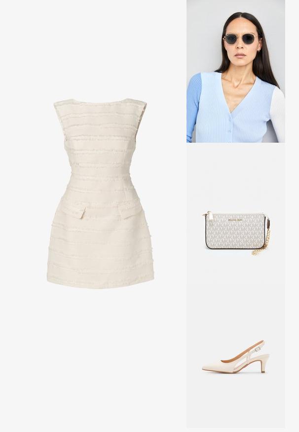 Balta kleita ar vertikālām tekstūrām, pieguļošs dizains, apaļa kakla izgriezuma forma un divas mazas priekšējās kabatas.; Baltas siksniņveida papēdis ar smailu purngalu, gludu augšējo materiālu, zemu blokpapēdi un sānu izgriezumu dizainu ar regulējamu sprādzi.; Apaļas saulesbrilles ar tumšiem objektīviem un zeltītām rāmēm. Modelis valkā gaiši zilu, ribotu kardigānu ar pogām un kontrastējošām baltām piedurknēm.; Michaela Korsa rokassomi bez̦ā īšojuma, kas izgatavota no apklāta kanvas, iekļaujot atkārtotu MK logotipa rakstu, zelta aparatūru un noņemamu ķēdes siksnu.