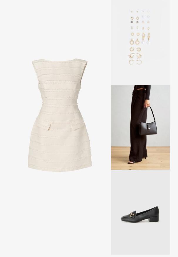 Bílé šaty s vertikálními texturovanými pruhy, přiléhavý střih, výstřih do oblouku a dvě malé přední kapsy.; Černé kožené loferské boty s plochým podpatkem, zdobené zlatým kovovým detailem na přední straně a hladkým povrchem.; Černá kabelka se strukturovaným tvarem, hladkým povrchem a kovovým uzávěrem. Kombinována s širokými černými kalhotami a sandály s otevřenou špičkou na dřevěné podlaze.; Sada náušnic ve zlatém tónu s různými designy, včetně pecek, kruhů a visacích kousků s perlami a rhinestony.