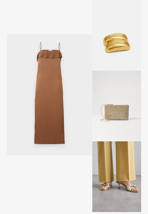 Filippa K - Sukienka koktajlowa; Stuart Weitzman FELICITY złoty; Loeffler Randall YASMINE złoty; Złoty metalowy klips do włosów o gładkim, zaokrąglonym wzorze. Powierzchnia jest refleksyjna, prezentując połączony, zakrzywiony kształt bez dodatkowych ozdób.