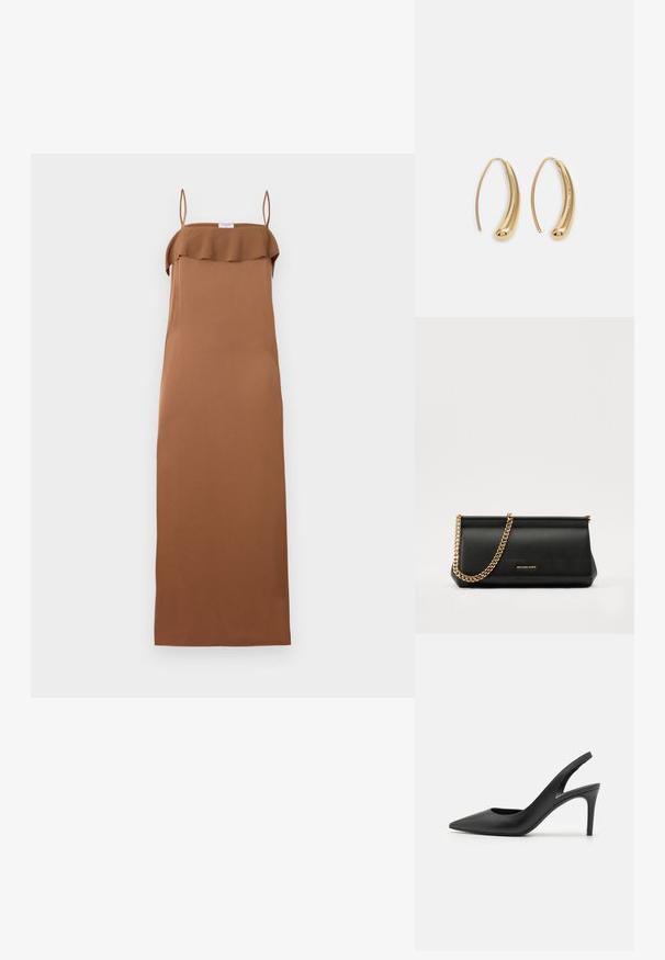 Filippa K FLUID DRAPED STRAP DRESS - Cocktail dress / Party dress - light brow; Black leather slingback high heels with a pointed toe design, featuring a cutout at the front and a thin stiletto heel.; Black leather clutch bag with a gold chain strap, featuring a smooth texture, rectangular shape, and embossed branding on the front.; Gold-tone metal hoop earrings with a curved, elongated shape. Features a smooth, shiny surface and a rounded tip for added detail.
