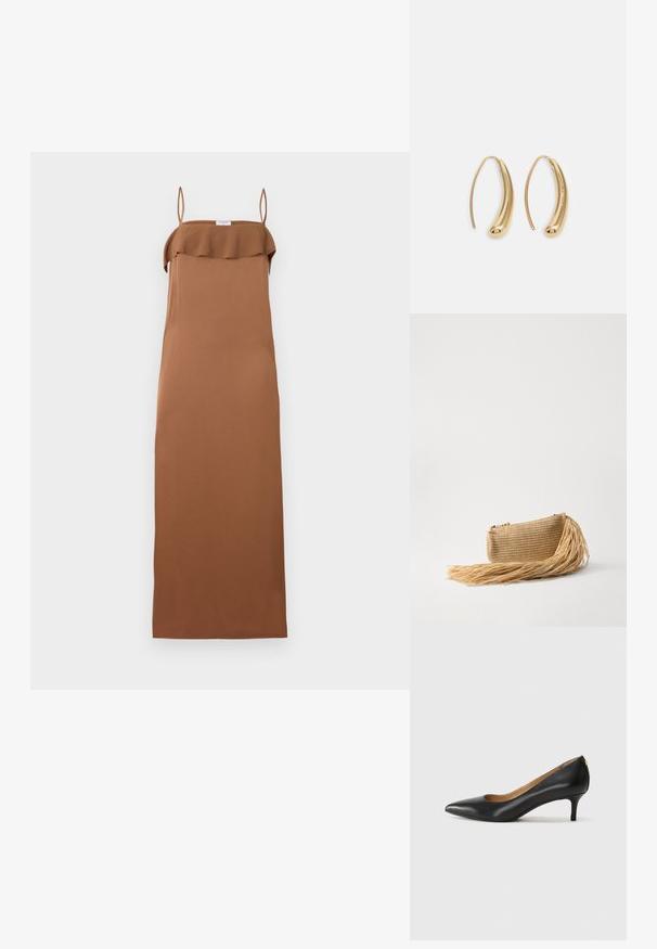 Filippa K FLUID DRAPED STRAP DRESS - Koktajl obleka/za zabavo - light brow; Črne usnjene črpalke s koničastim nosom, nizko peto in gladko teksturo. Imajo rahlo odprtino spredaj in minimalno opremo zadaj.; Cult Gaia VIERA - Pisemska torbica - natural; Zlato-tonirani kovinski uhani v obliki obroča s krivuljo in podolgovato obliko. Imajo gladko, sijočo površino in zaobljen vrh za dodaten detajl.