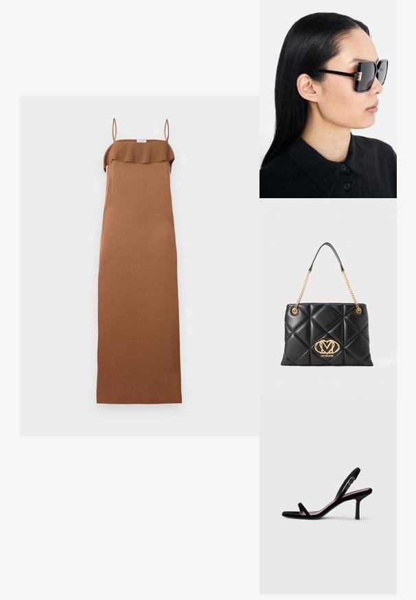 Filippa K FLUID DRAPED STRAP DRESS - Cocktailkleid/festliches Kleid - light brow; Schwarze Wildleder-Damen-Sandaletten mit hohen Absätzen, schmalen Riemen und einer goldfarbenen Schnalle vor weißem Hintergrund, seitliche Ansicht.; Tory Burch Sonnenbrille - black/dark grey; Schwarze gesteppte Handtasche aus Kunstleder mit einer goldenen Kettenriemen, die ein auffälliges goldenes Logo und ein Diamantmuster auf der Oberfläche aufweist.