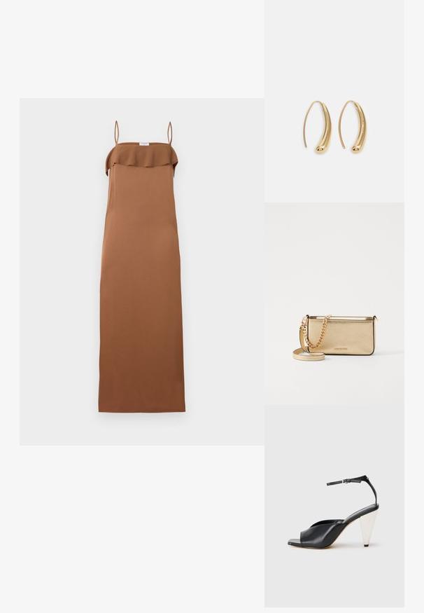 Filippa K FLUID DRAPED STRAP DRESS - Robe de soirée - light brow; Sandale à talon haut en cuir noir avec bout ouvert, design asymétrique, bride de cheville et talon en forme de cône métallique. Texture lisse sur toute la surface.; Pochette en cuir doré métallisé avec une finition texturée, dotée d'une chaîne dorée et d'une bandoulière amovible. Logo de la marque estampé.; Boucles d'oreilles en métal doré en forme d'anneau, avec une forme courbée et allongée. Elles présentent une surface lisse et brillante avec une pointe arrondie pour un détail supplémentaire.