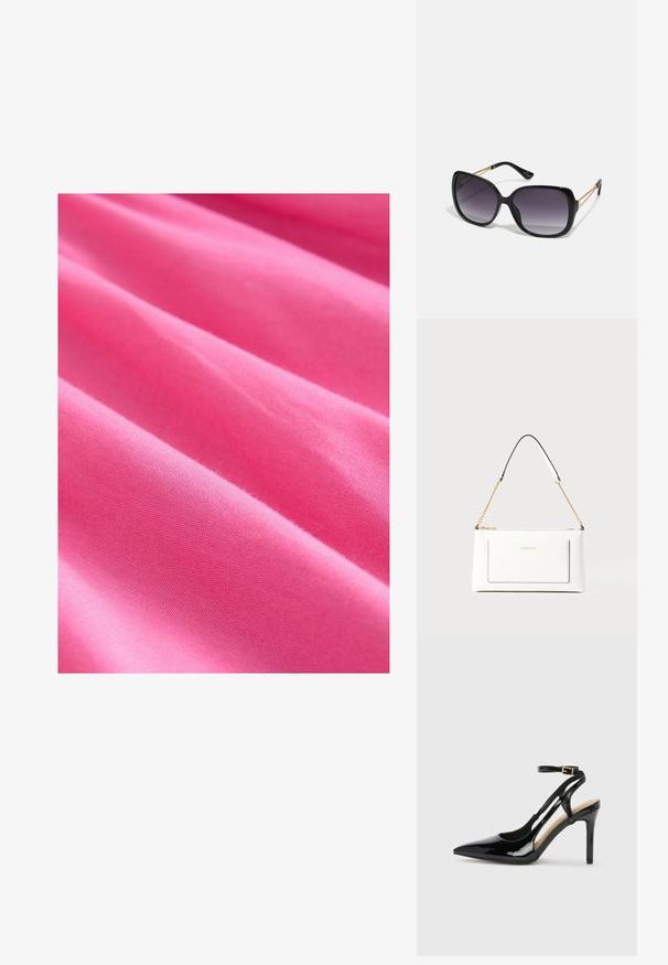 Jasnoróżowy materiał o gładkiej teksturze, z miękkimi fałdami i jednolitą strukturą splotu. Gruby i lekko elastyczny.; Czarne lakierowane buty na wysokim obcasie typu slingback z wysmuklonym noskiem, regulowanym paskiem na kostce i otwartymi bokami. Gładka faktura.; Czarne oversize okulary przeciwsłoneczne z gradientowymi soczewkami, grubymi oprawkami i złotym łańcuszkiem na ramionach.; Biała skórzana torebka o teksturowanym wykończeniu, z złotą łańcuszkową rączką i czarnymi akcentami. Zawiera przednią kieszeń oraz zamek błyskawiczny.