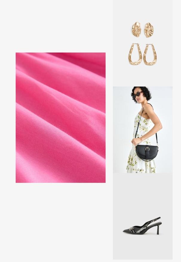 Erguline roosa kangas, millel on sile tekstuur, pehmed voldid ja ühtlane kudumismuster. Paks ja veidi veniv materjal.; Must musta nahk kingad sanga ja terava ninaga, ankle strapidega, millel on hõbedased pandlad ja riistvara ning õhuke konts.; Mustmust mustraha kõverate joontega, eemaldatava rihmaga ja kuldsete detailidega. Kotil on klapp, millel on pandladetail.; Kuldse värvi kõrvarõngad, mis on kaunistatud tekstuursete ja laineliste kujunditega. Komplektis on skulpturaalsed klamber kõrvarõngad ja avatud rõngasdisain, millel on lõhestatud viimistlus.