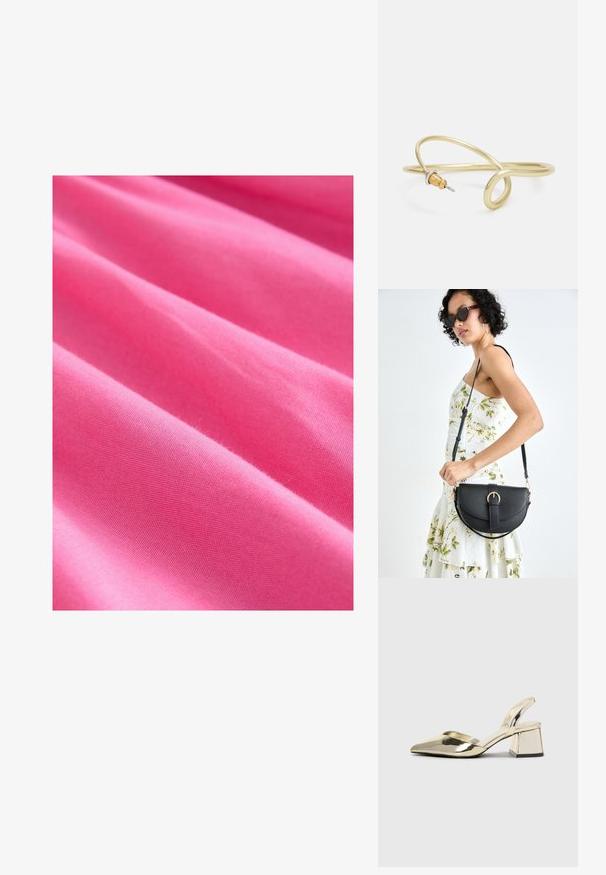 Jasná ružová látka s hladkým povrchom, so sviežimi záhybmi a konzistentným vzorom tkania. Hrubý a mierne elastický materiál.; Zlaté kovové lodičky na podpätku so špicatou špičkou a robustným podpätkom. Hladký povrch, minimalistický dizajn a úzka remienok.; Čierna kožená kabelka s zaobleným tvarom, odnímateľným popruhom a zlatými doplnkami. Kabelka má klopu s detailom s prackou.; Náušnica zo zlato sfarbeného kovu s plynulým, zakriveným dizajnom. Na jednom konci je malý, výrazný strieborný akcent.