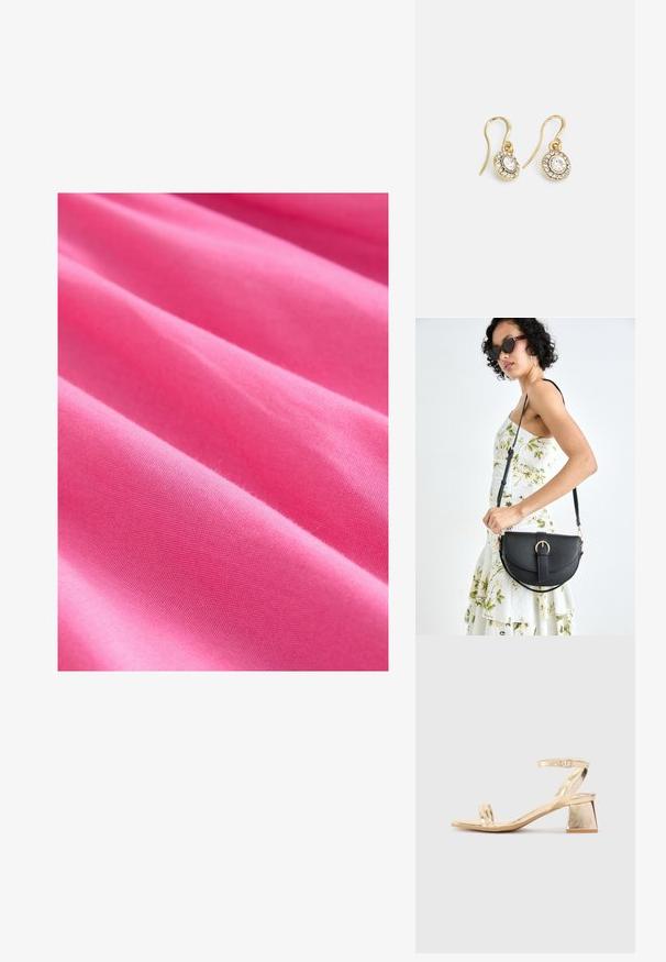 Ljust rosa tyg med en slät textur, som har mjuka veck och ett enhetligt vävmönster. Tjockt och något elastiskt material.; Guldmetalliska klacksandaler med en kantig blockklack, två remmar över foten och en justerbar vristrem. Slät textur.; Svart läderhandväska med en böjd form, avtagbar rem och guldiga detaljer. Väskan har ett lock med en spänndetalj.; Guldtonade örhängen med ovalformade klara kristaller omgivna av mindre klara stenar, med en krokdesign för säker användning.