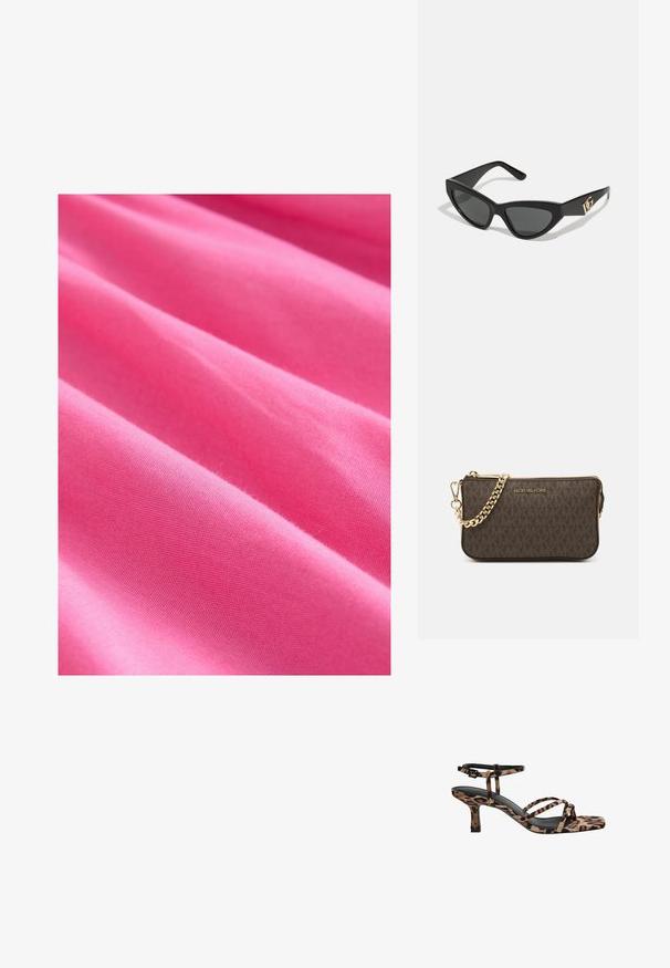 Jasně růžová tkanina s hladkou strukturou, s jemnými záhyby a jednotným vzorem tkaní. Tlustý a mírně pružný materiál.; Sandály na podpatku s leopardím vzorem, čtveratou špičkou, více popruhy a středně vysokým podpatkem. Vyrobeno z měkkého textilního materiálu.; Sunglasses ve tvaru kočičích očí s matným černým plastovým rámem, tmavými skly a zlatým logem na stranu. Úhlový design a hladká textura.; Hnědá kožená crossbody taška s logem, zlatým řetízkem, zipovým uzávěrem a zlatými akcenty. Kompaktní a obdélníkový tvar.
