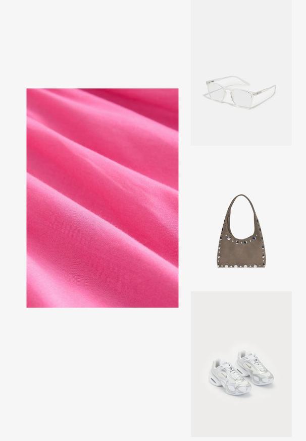 Felle roze stof met een gladde textuur, voorzien van zachte plooien en een consistent weefpatroon. Dikke en licht rekbare materialen.; Witte sportieve schoenen met een bovenwerk van mesh en zilveren accenten, in een unieke vorm en met luchtkussen in de hiel. Gespannen ontwerp met logo.; CHPO ZEBBE UNISEX - Brillen met blauwlichtfilter - transperent; PULL&BEAR SHOPPER - Shopper - grey