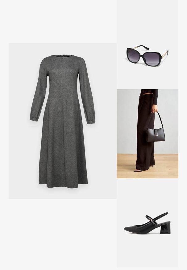 WEEKEND MaxMara WILMA - Freizeitkleid - grigio medio; Schwarze Lackleder-Slingback-Absätze mit spitzer Zehenform, einem runden Ausschnitt-Design und einem Blockabsatz. Mit einem goldfarbenen Schnallenakzent.; Schwarze übergroße Sonnenbrille mit getönten Gläsern, dicken Rahmen und goldfarbener Kettendetaillierung an den Bügeln.; Schwarze Handtasche mit strukturierter Form, glatter Textur und einem metallischen Verschluss. Kombiniert mit weiten schwarzen Hosen und offenen Sandalen auf einem Holzboden.