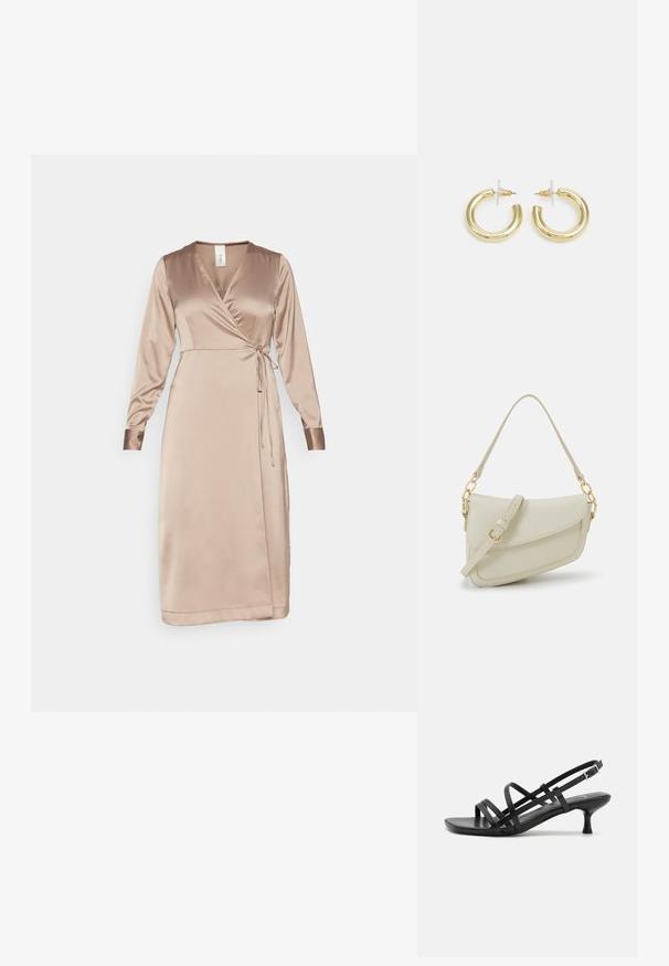 Suknelė-viduryje šviesiai bežinė, satino su ilgomis rankovėmis, V formos iškirpte, reguliuojamu raišteliu juosmens srityje ir lygiu paviršiumi.; Juodos aukštakulnės šlepetės su keliais perrištomis juostelėmis. Lygi medžiaga, smailas nosis ir siauras kulnas. Reguliuojama kulkšnies juostelė su sagtimi.; Mažas kreminis rankinukas su tekstūruotu paviršiumi, ilga reguliuojama juostele, grandinėle ir užsegimu su atvartu. Aukso detalės.; Aukso auskarai su lygiu, blizgiu paviršiumi. Apvalus dizainas su maža užrakto dalimi ir skaidria atrama saugiam nešiojimui.