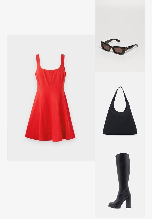 Rotes Leinen-Ärmelkleid mit quadratischem Ausschnitt, tailliertem Oberteil und ausgestellt Rock. Glatte Textur, minimalistisches Design und keine sichtbaren Details.; Schwarze kniehohe Stiefel aus glattem Leder, mit einem stabilen Absatz, abgerundeter Zehenpartie, strukturiertem Sohlenmaterial mit Grip, elegantes Design ohne Verzierungen.; Schwarz schildpattfarbene Sonnenbrille mit rechteckigen Gläsern, braunem Farbton, dickem Rahmen und goldenen Doppel-G-Logo-Details an den Schläfen.; Schwarze Stofftasche mit einem einzelnen, breiten Schulterriemen. Weiche, semi-strukturierte Form und glatte Textur; minimales Design, ohne sichtbare Beschläge.
