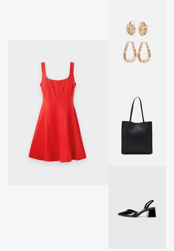 Rotes Leinen-Ärmelkleid mit quadratischem Ausschnitt, tailliertem Oberteil und ausgestellt Rock. Glatte Textur, minimalistisches Design und keine sichtbaren Details.; Schwarze Lackleder-Slingback-High Heels mit spitzem Schuh und einem geometrischen Blockabsatz. Verfügt über ein schlankes, minimalistisches Design und eine glatte Textur.; Schwarze Laptoptasche aus Leder mit glatter Textur, rechteckiger Form und zwei langen Griffen. Keine sichtbaren Beschläge oder Verzierungen.; Ohrringe in Goldoptik mit strukturierten, gewellten Formen. Beinhaltet skulpturale Clip-Ohrringe und ein offenes Hoop-Design mit gehämmertem Finish.