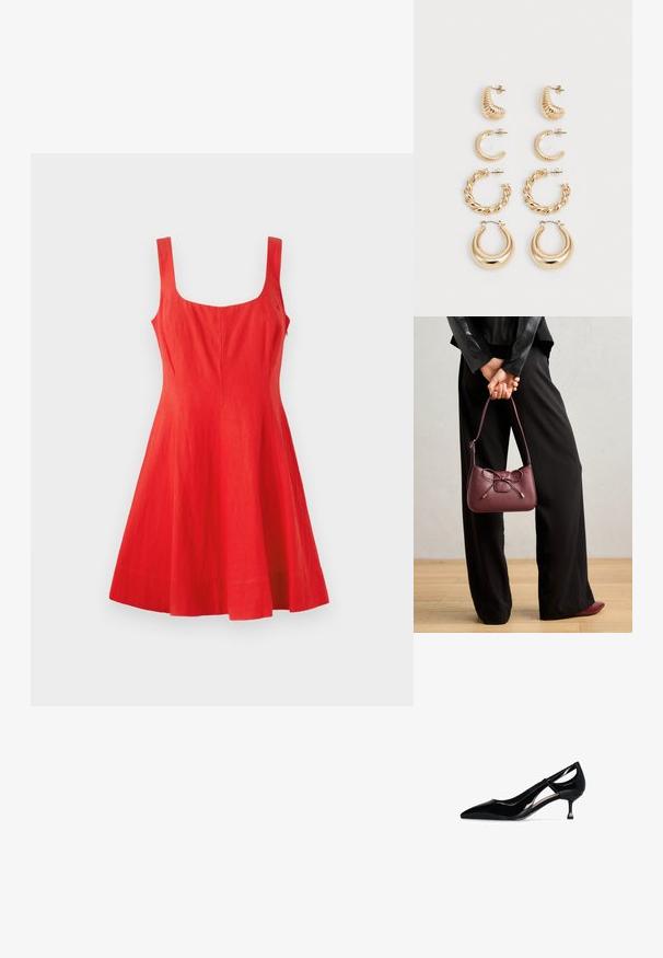 Vestido sin mangas de lino rojo con escote cuadrado, cuerpo ajustado y falda acampanada. Textura suave, diseño minimalista y sin detalles visibles.; Zapato de tacón alto de charol negro con punta afilada, diseño recortado y un tacón delgado con un acento metálico.; Bolso de cuero burdeos con un detalle de lazo, que cuenta con una correa delgada y herrajes en tono dorado, sujeto por una persona que lleva pantalones negros.; Conjunto de cinco pendientes de oro, con distintos diseños: superficies retorcidas, estriadas y lisas en formas de aro y media luna.